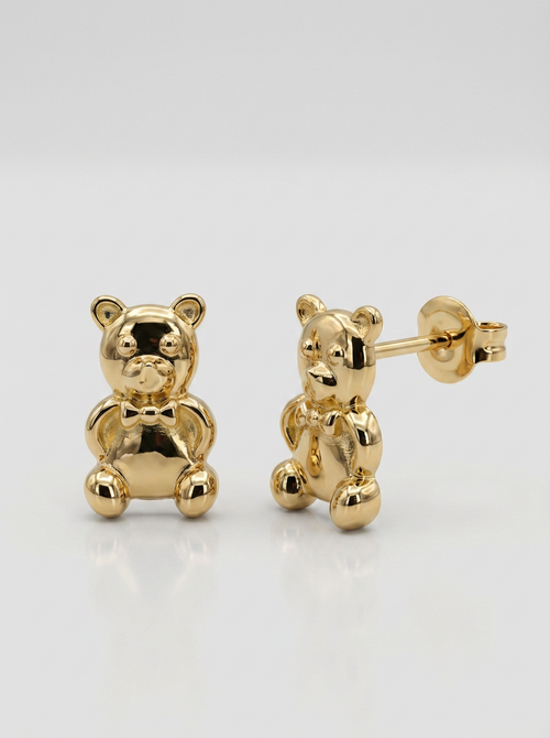 Bowtie Teddy Bear Gold Earring - Gold Earring Pair